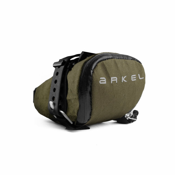 Green bike saddle bag with black straps on a white background