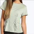 Sage green lace-up short sleeve top with corset panel detail and silver grommets breathable cotton modal fabric