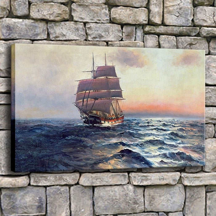 Sailing Ship At Sea Wave Seascape Wall Art Canvas Print - BlueArtDecor