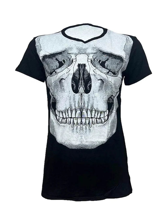 Women Scary Skull Printed Black T-Shirt - thefancydress.co.uk