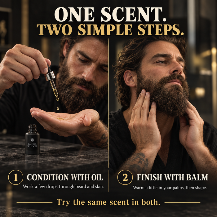 Bearded man applying beard oil from a sample bottle then working balm into his beard, headline One Scent Two Simple Steps, condition with oil and finish with balm