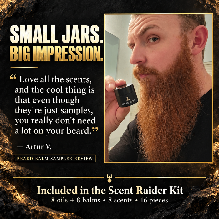 Customer review of the Scent Raider Sample Kit from Artur V. holding a Viking Storm balm sample jar beside his red beard, headline Small Jars Big Impression