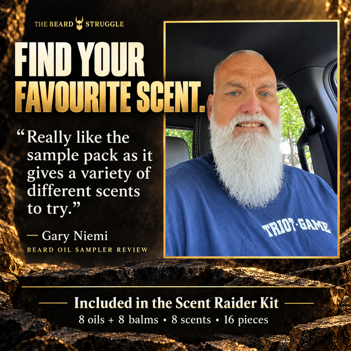 Customer review of the Scent Raider Sample Kit from Gary Niemi with a full white beard, headline Find Your Favourite Scent, 8 oils plus 8 balms in 8 scents