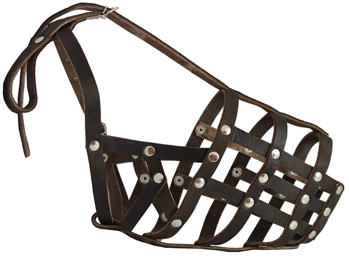 Secure Genuine Leather Mesh Dog Basket Muzzle - German Shepherd Male (Circumf 13", Snout Length 5")