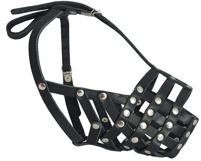 Secure Genuine Leather Mesh Dog Basket Muzzle - Pit Bull, (Circumference 12.5", Snout Length 3.5")
