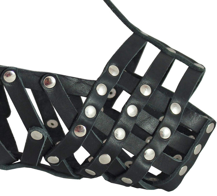 Secure Genuine Leather Mesh Dog Basket Muzzle - Pit Bull, (Circumference 12.5", Snout Length 3.5")