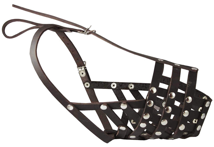 Secure Genuine Leather Mesh Dog Basket Muzzle Brown - Pit Bull (Circumf 12.5", Snout Length 3.5")