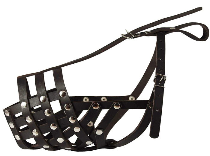 Secure Genuine Leather Mesh Dog Basket Muzzle Brown - Pit Bull (Circumf 12.5", Snout Length 3.5")