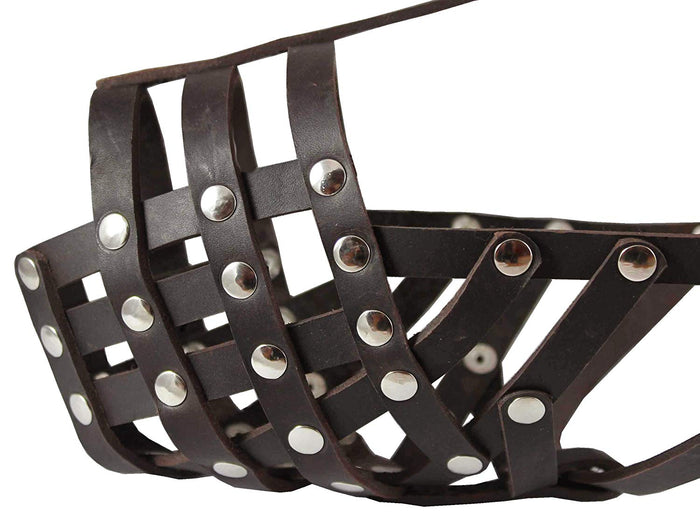 Secure Genuine Leather Mesh Dog Basket Muzzle Brown - Pit Bull (Circumf 12.5", Snout Length 3.5")