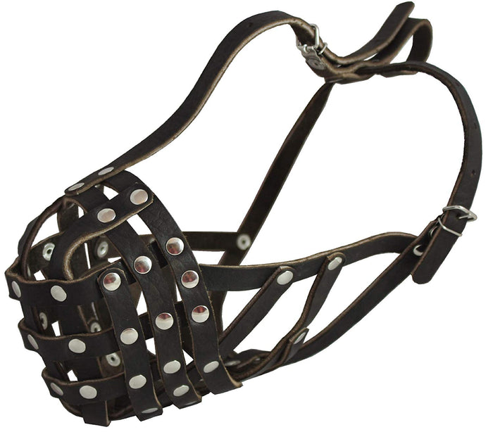 Secure Leather Mesh Basket Dog Muzzle - Boxer, English Bulldog (Circumference 14", Snout Length 3")