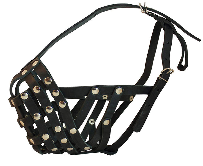 Secure Leather Mesh Basket Dog Muzzle - Boxer, English Bulldog (Circumference 14", Snout Length 3")