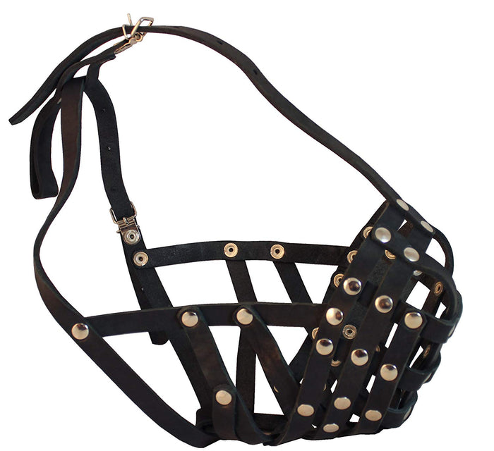 Secure Leather Mesh Basket Dog Muzzle - Boxer, English Bulldog (Circumference 14", Snout Length 3")