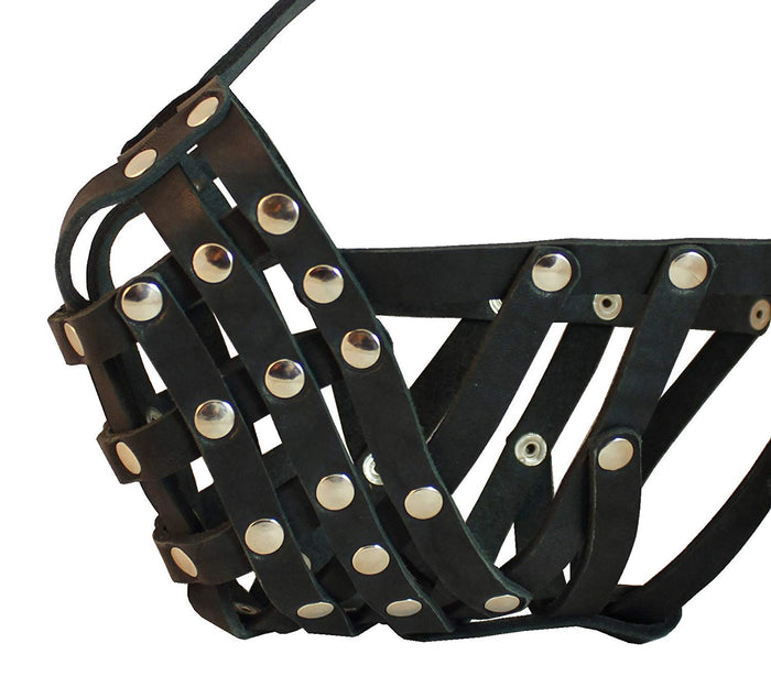 Secure Leather Mesh Basket Dog Muzzle - Boxer, English Bulldog (Circumference 14", Snout Length 3")