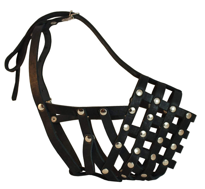 Secure Leather Mesh Basket Dog Muzzle - Rottweiler Male(Circumference 14.5", Snout Length 3.5")