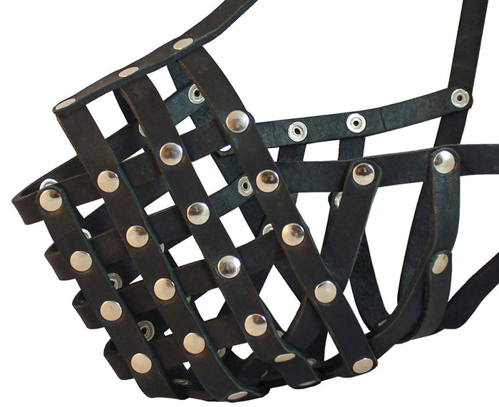 Secure Leather Mesh Basket Dog Muzzle - Rottweiler Male(Circumference 14.5", Snout Length 3.5")