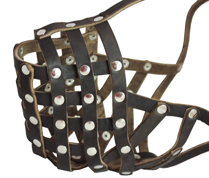 Secure Leather Mesh Basket Dog Muzzle - Rottweiler Male(Circumference 14.5", Snout Length 3.5")