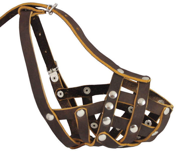 Secure Real Leather Mesh Basket Dog Muzzle - Spaniel, Poodle, Schnauzer (Circumf 9", Snout 2.7")