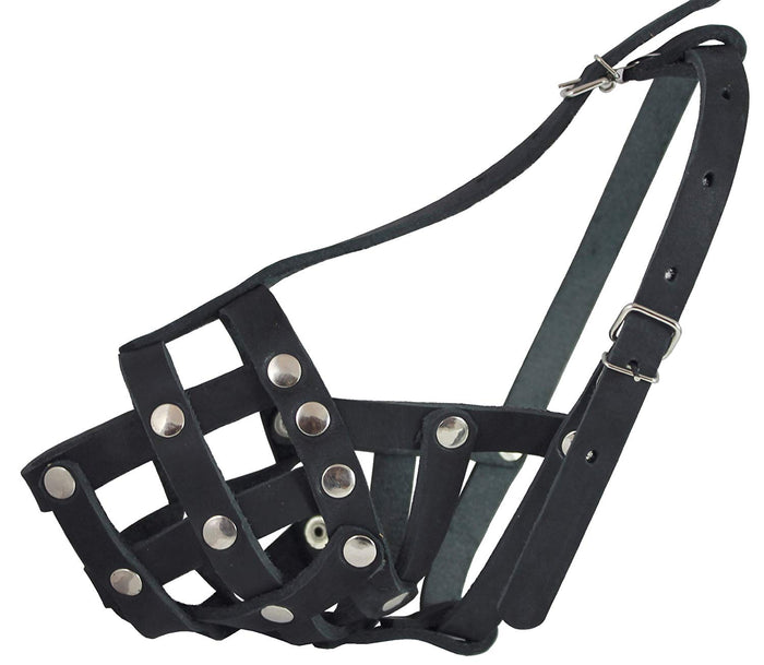 Secure Real Leather Mesh Basket Dog Muzzle - Spaniel, Poodle, Schnauzer (Circumf 9", Snout 2.7")