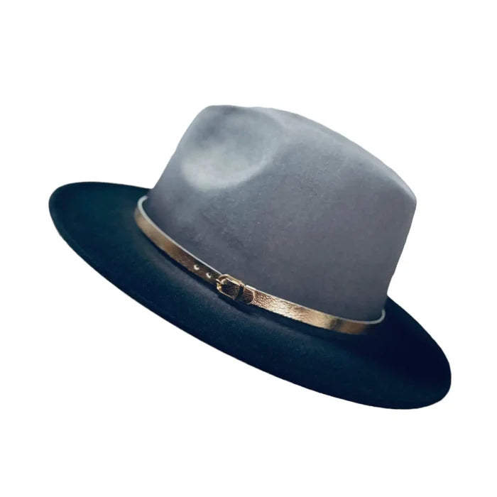 shades of gray fedora hat ombre gray to black with metallic buckle band stiff brim and tall crown medium size