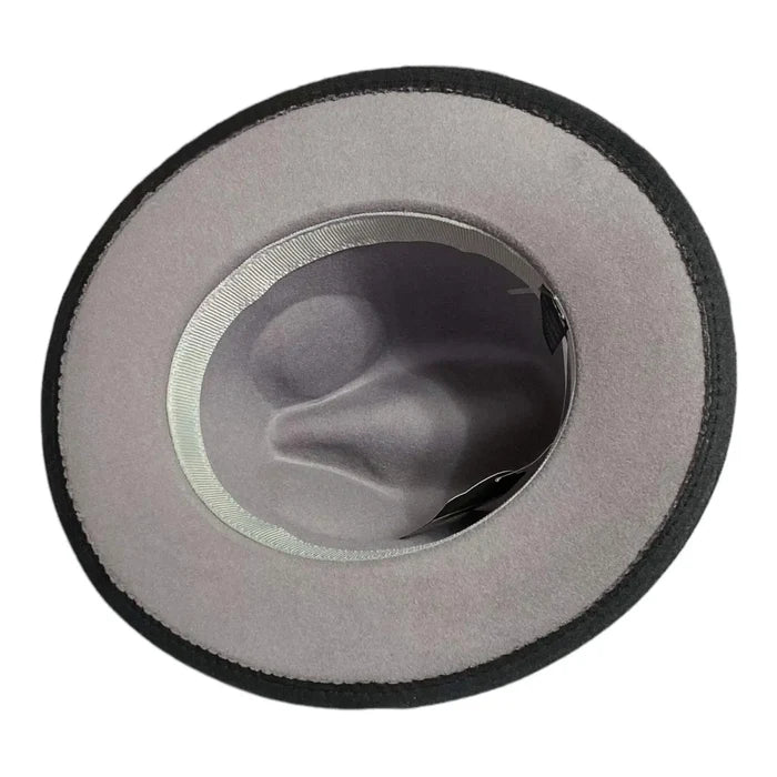 shades of gray fedora hat ombre gray to black with metallic buckle band stiff brim and tall crown medium size underneath