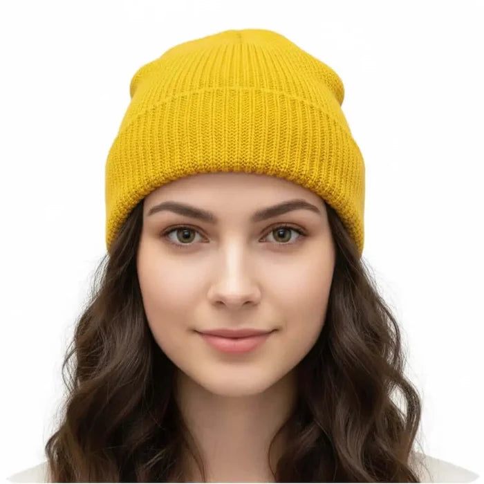 model sunshine yellow Short Fisherman Beanie Skull Cap solid colors chunky rib knit, rolled cuff, short fit, and unisex skull cap style