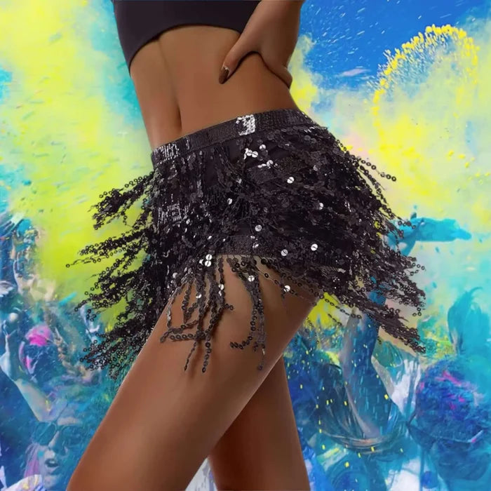 Short Sequins Wrap Fringe Belt in silver or black with layered glitter tassels and adjustable waist ties