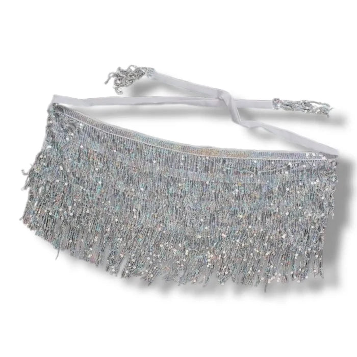 Short Sequins Wrap Fringe Belt in silver or black with layered glitter tassels and adjustable waist ties