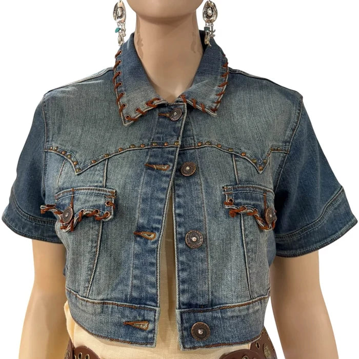 Short Sleeve Cropped Jean Jacket - XL / Slim / blue/brown - Cropped Jackets