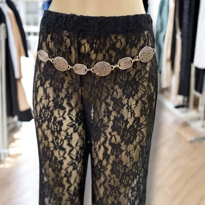Silver Abstract Metal Link Western Belt with antique textured oval links, engraved detail, lobster clasp, and adjustable extender chain fits 22 to 40"