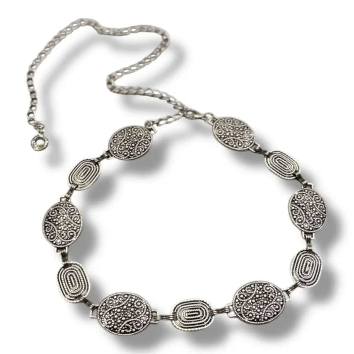 Silver abstract metal link western belt with antique textured oval links and adjustable lobster clasp extender, wearable high waist or low hip, fits 22 to 40 inches