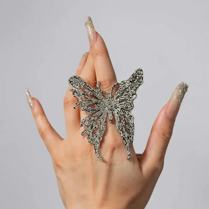 Silver Big Butterfly Flying Ring with oversized filigree wings and adjustable band / women's/ one size fits most