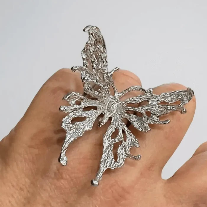 Silver Big Butterfly Flying Ring with oversized filigree wings and adjustable band / women's/ one size fits most