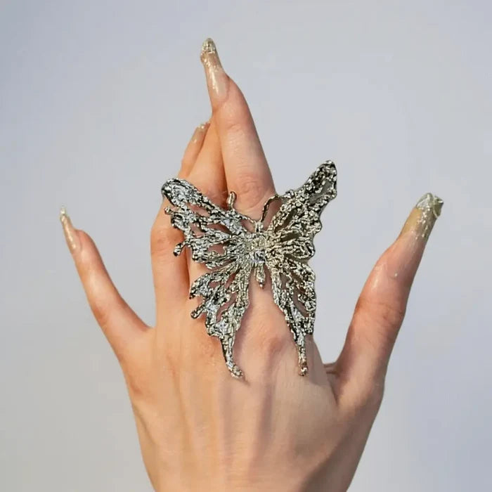 Silver Big Butterfly Flying Ring with oversized filigree wings and adjustable band / women's/ one size fits most