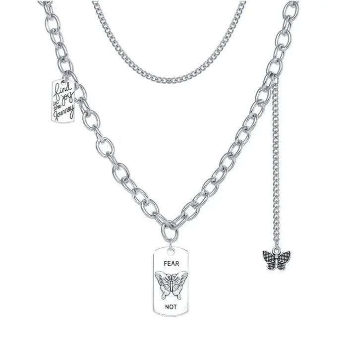 Silver Butterfly Charming Layered Necklace mixed chains charms 18" /women's / one size