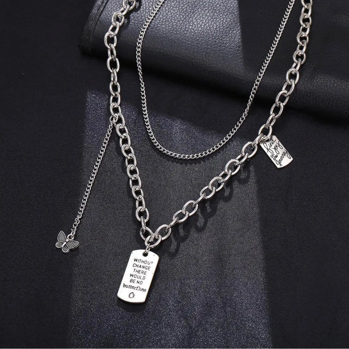 Silver Butterfly Charming Layered Necklace mixed chains charms 18" /women's / one size