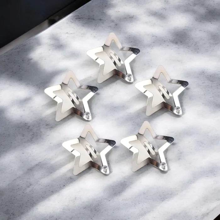 set of 25 silver celestial star hair clips five point metal stars snap back closure cosmic y2k hair accessories