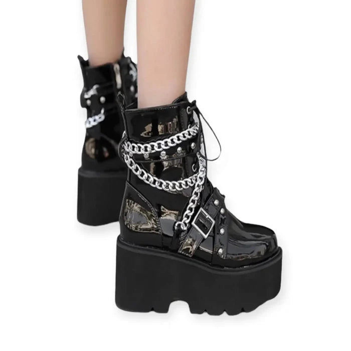 Silver Chain Studded Black Patent Platform Boots lace-up front, and inner shaft zipper; women’s size 9