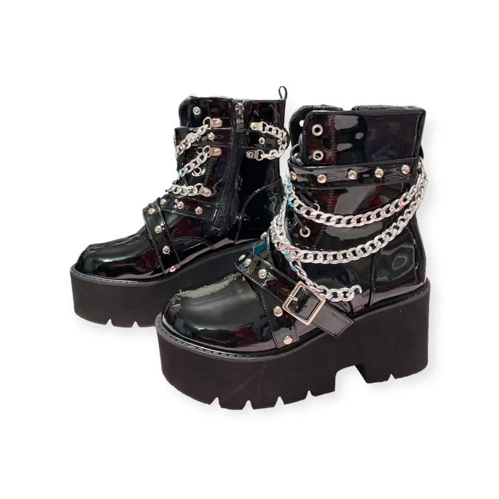Silver Chain Studded Black Patent Platform Boots lace-up front, and inner shaft zipper; women’s size 9