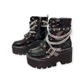 Silver Chain Studded Black Patent Platform Boots lace-up front, and inner shaft zipper; women’s size 9