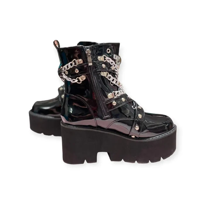 Silver Chain Studded Black Patent Platform Boots lace-up front, and inner shaft zipper; women’s size 9