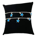 Silver glow stars anklets set featuring dangling celestial charms, glowing blue stars, adjustable silver chain anklets for festival, rave, and beach outfits