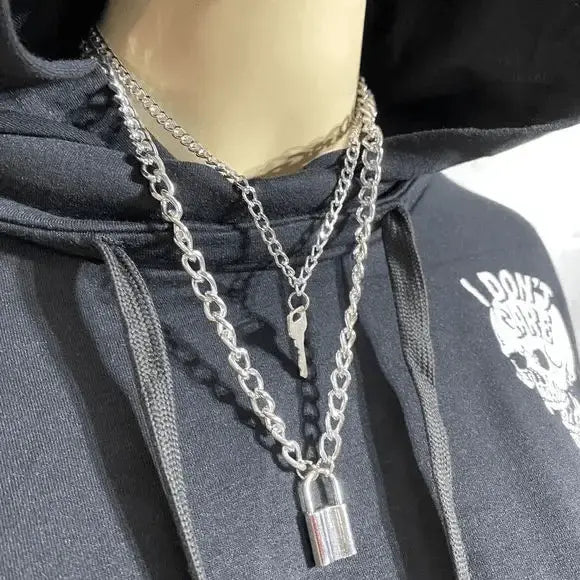 Silver Chunky Twisted Chain Lock Key Necklace - Wild Time Fashion