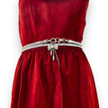 silver crystal bow ring waist belt on model over satin dress