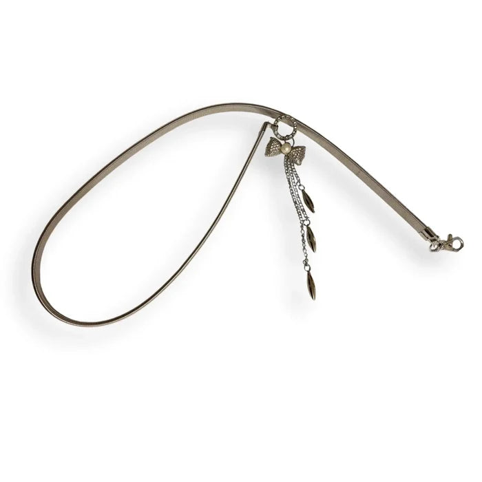 adjustable skinny accordion waist belt with ring buckle and tassel detail