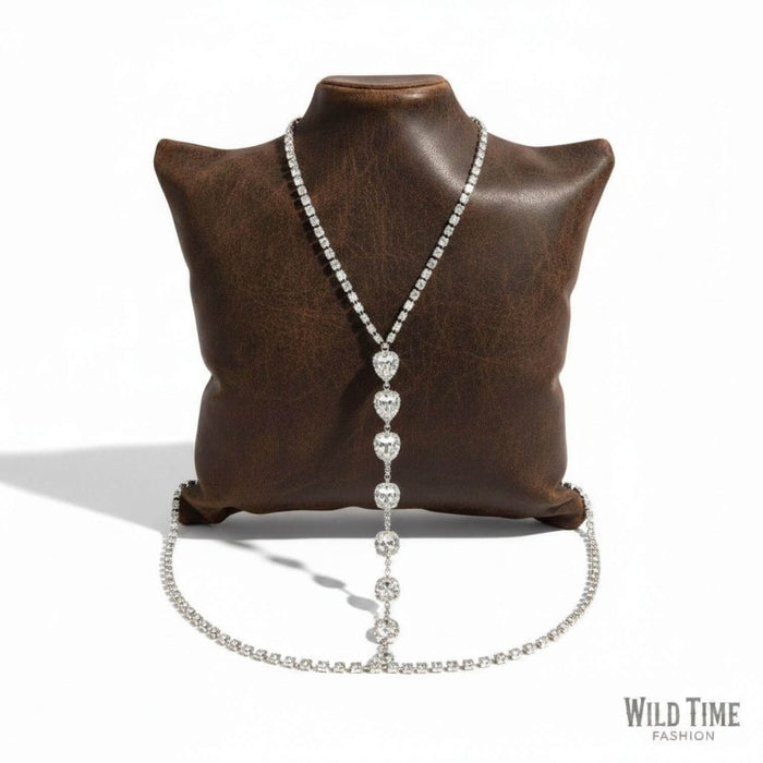 Studio image Silver Crystal Teardrop Body Chain Necklace Body Jewelry with CZ stones and rhinestone waist chain / women's / osfm