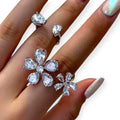 Silver Crystal Flowers Open Band Ring