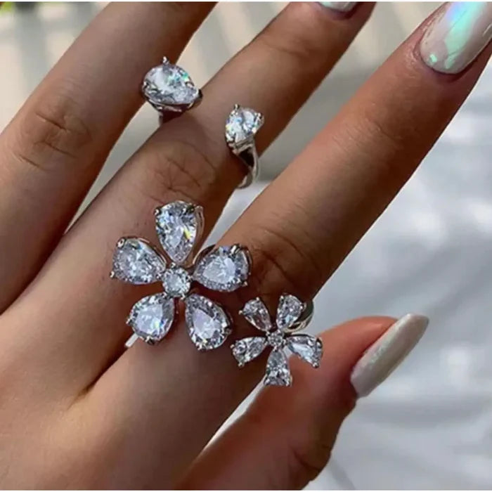 Silver Crystal Flowers Open Band Ring