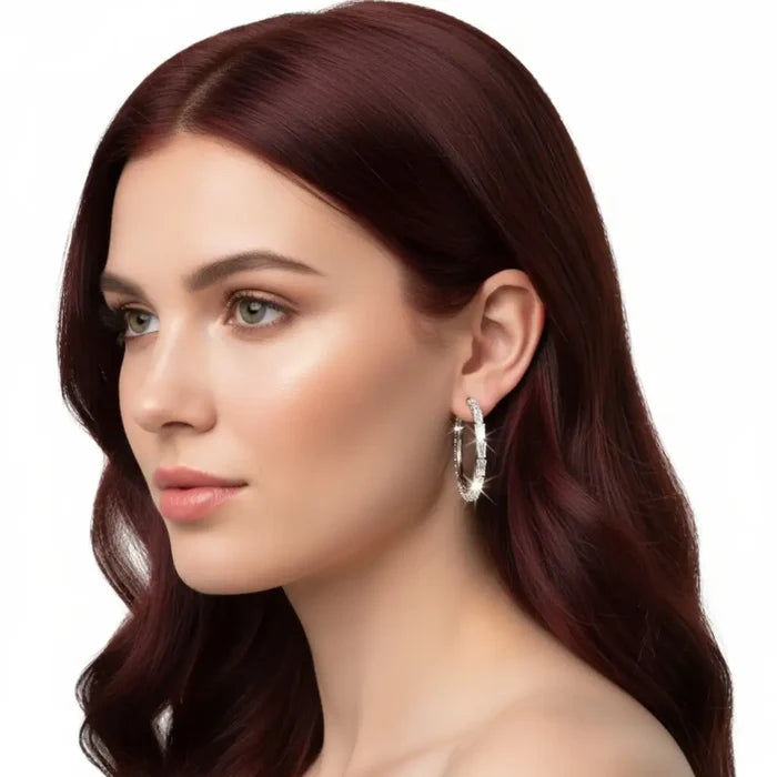 Woman wearing silver crystal medium hoop earrings / 32mm / women's