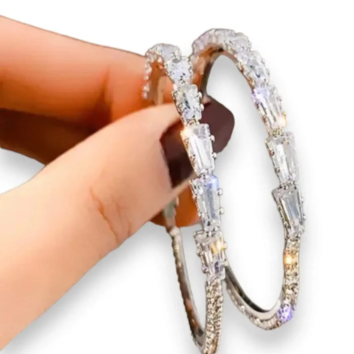 silver crystal medium hoop earrings /women's /32mm