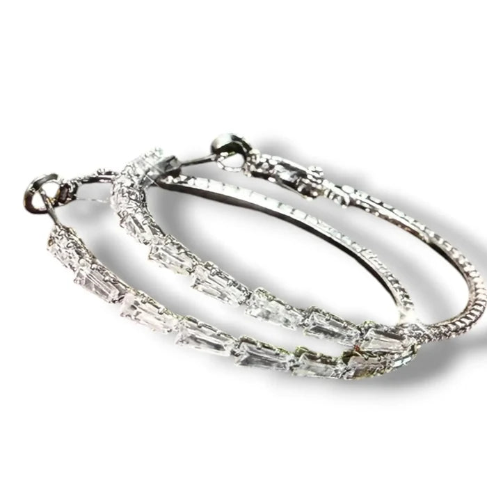 silver crystal medium hoop earrings / 32mm / women's